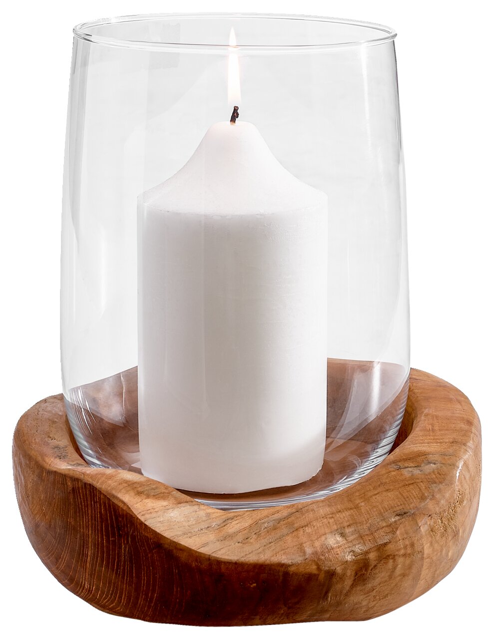 Leonardo Windlicht 27cm TOSCANA Windlicht mit Teakholz-Basis und Glasaufsatz, frontal fotografiert, mit brennender weißer Kerze.
