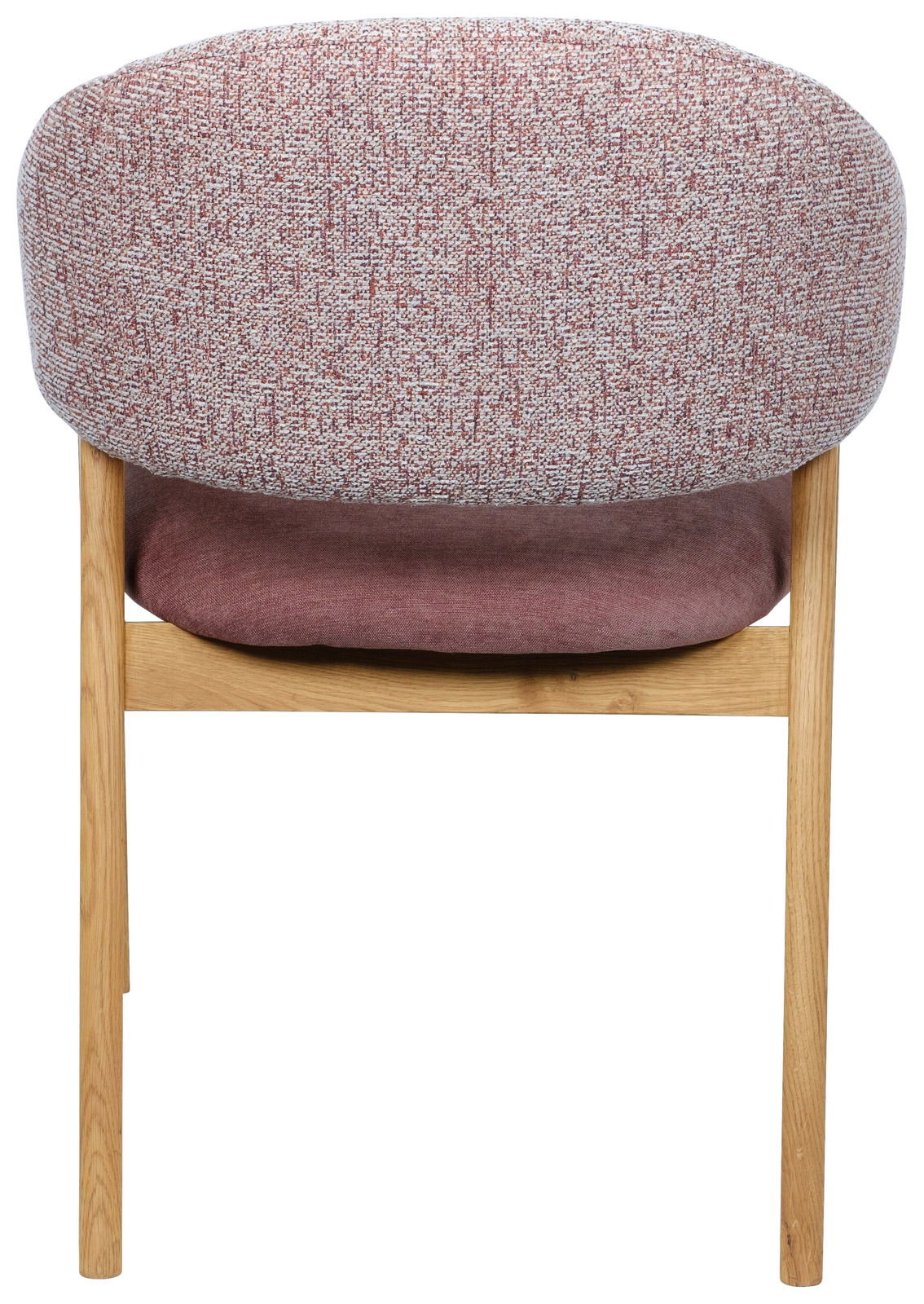 Rückansicht eines Armlehnstuhls mit gepolsterter Rückenlehne in Rot- und Beigetönen und Holzbeinen.