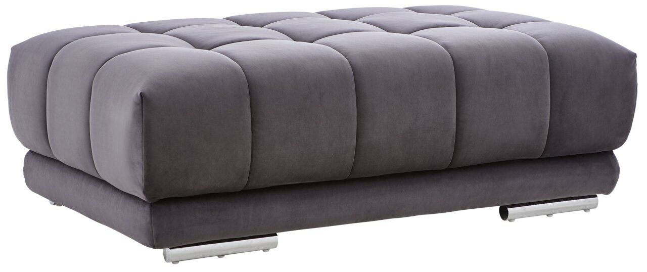 Grauer XXL-Hocker mit gepolstertem Design, seitliche Perspektive