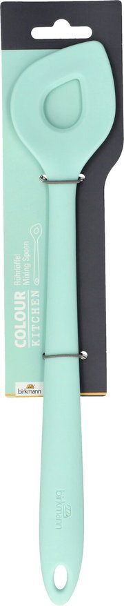 Mintfarbener Rührlöffel aus Silikon, frontal auf einer Verpackung präsentiert.