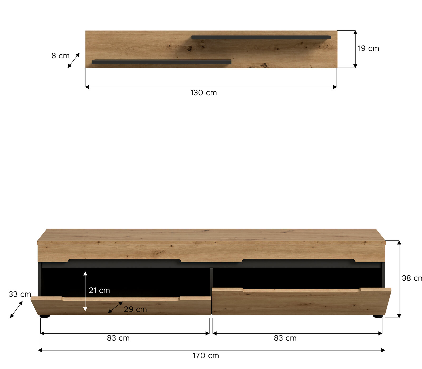 Modernes TV-Lowboard aus Holzoptik mit zwei Schubladen und schwarzen Griffleisten, Maßgrafik mit Abmessungen (B 170 cm, H 38 cm) sowie Detailansicht eines Wandregals (B 130 cm, T 19 cm), dargestellt in Frontansicht und Draufsicht.