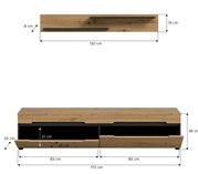 Modernes TV-Lowboard aus Holzoptik mit zwei Schubladen und schwarzen Griffleisten, Maßgrafik mit Abmessungen (B 170 cm, H 38 cm) sowie Detailansicht eines Wandregals (B 130 cm, T 19 cm), dargestellt in Frontansicht und Draufsicht.