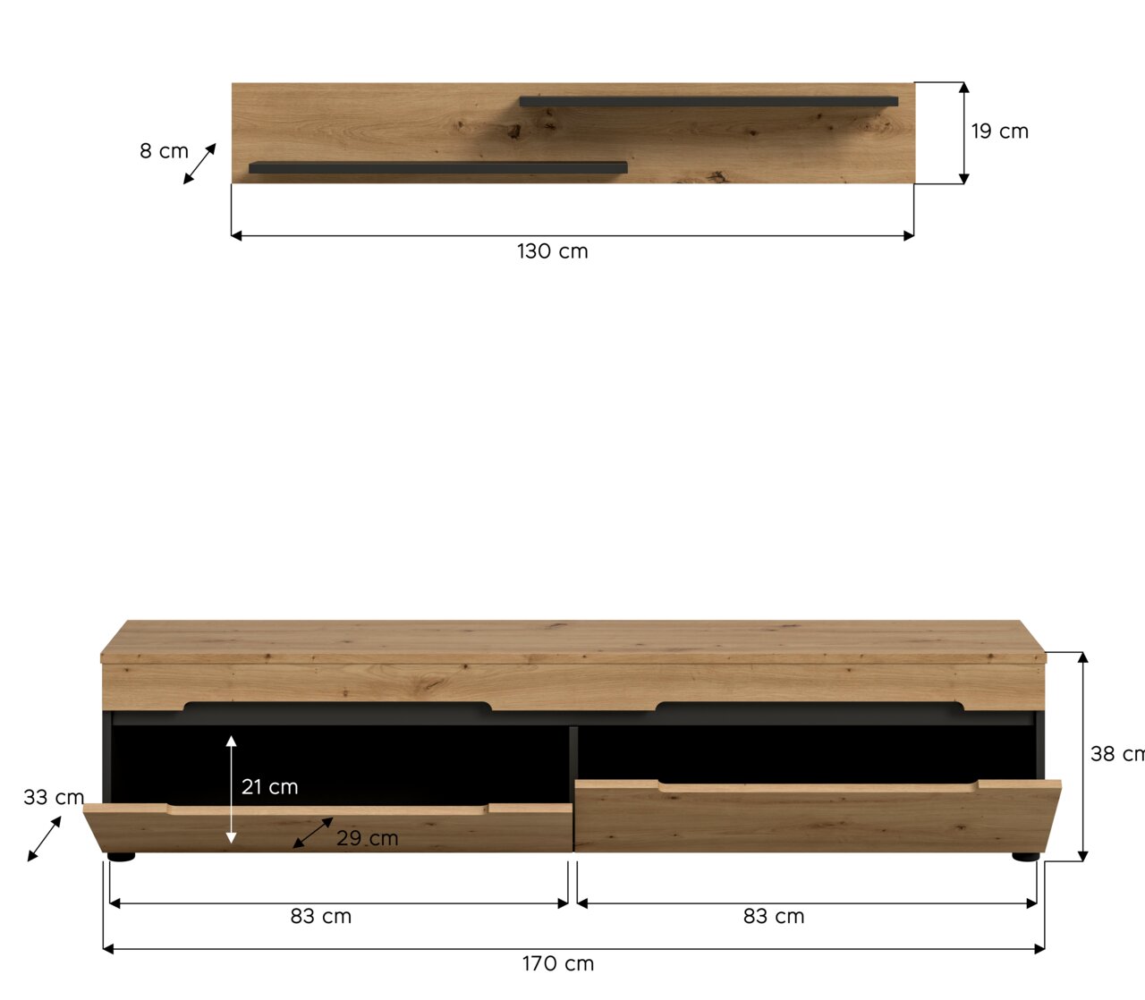 Modernes TV-Lowboard aus Holzoptik mit zwei Schubladen und schwarzen Griffleisten, Maßgrafik mit Abmessungen (B 170 cm, H 38 cm) sowie Detailansicht eines Wandregals (B 130 cm, T 19 cm), dargestellt in Frontansicht und Draufsicht.