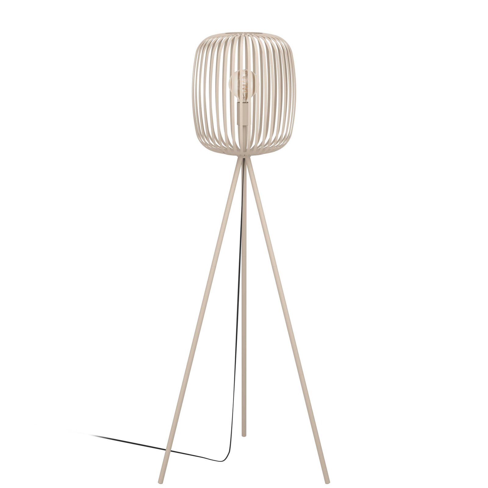 Eglo Leuchten Staande lamp ROMAZZINA Stehleuchte ROMAZZINA mit dreibeinigem Stativ und modernem, offenen Lampenschirm aus Holz, seitliche Perspektive.