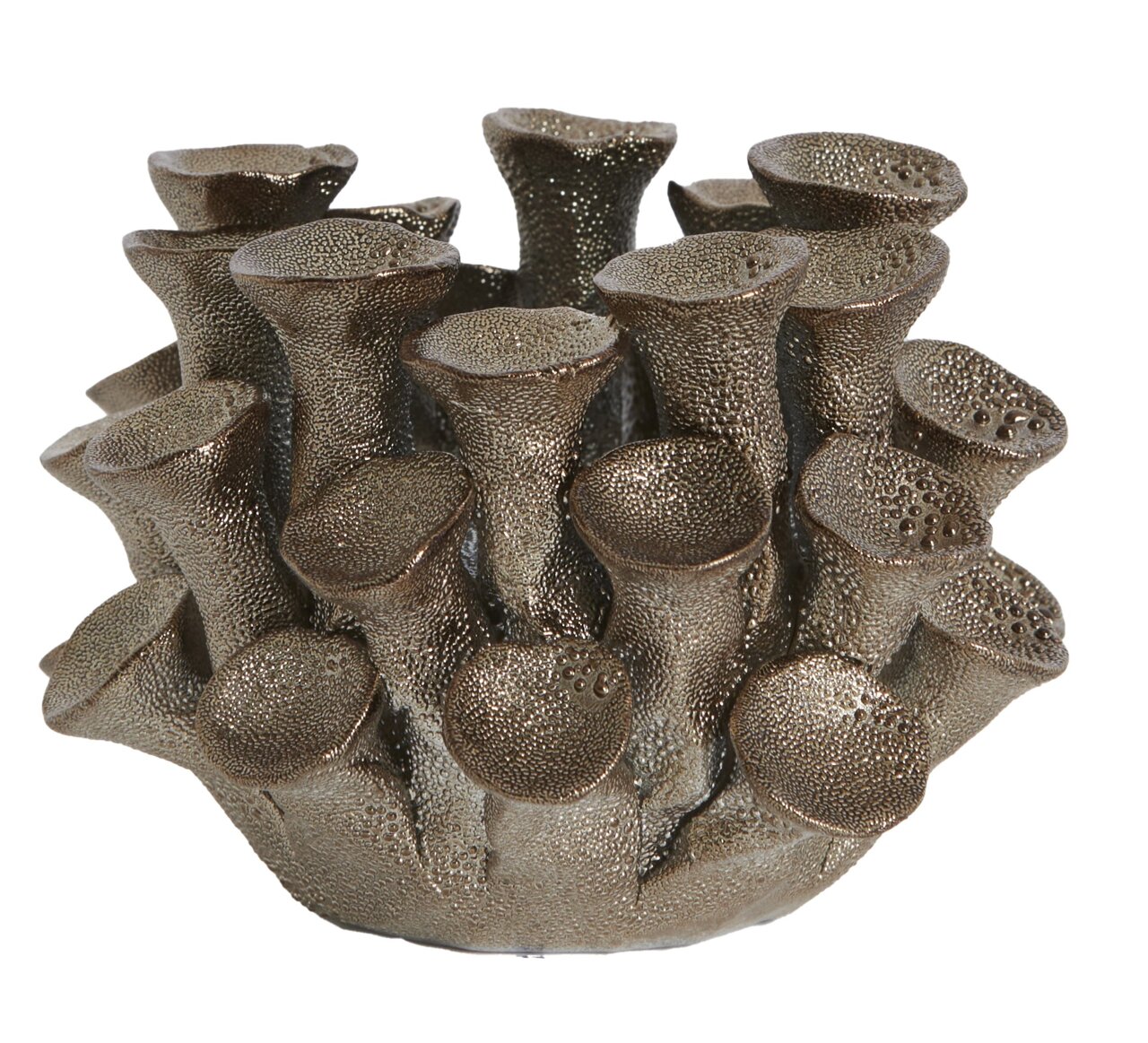 Teelichthalter in organischer Form mit mehreren röhrenartigen Strukturen, aus einer metallisch glänzenden Oberfläche, Perspektive von vorne.