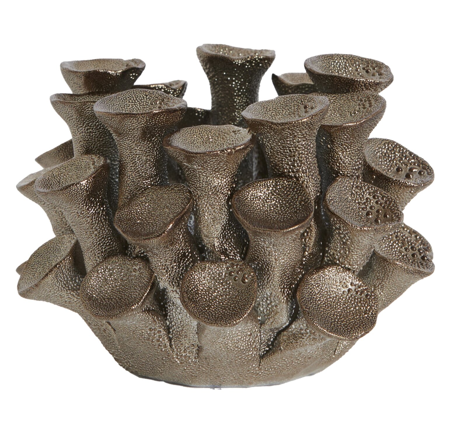 Light&Living Teelichthalter 7,50cm DELARA Teelichthalter in organischer Form mit mehreren röhrenartigen Strukturen, aus einer metallisch glänzenden Oberfläche, Perspektive von vorne.