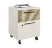 Rollcontainer mit zwei Schubladen, obere Schublade mit Holzlamellen-Optik, auf vier Rollen, seitliche Perspektive