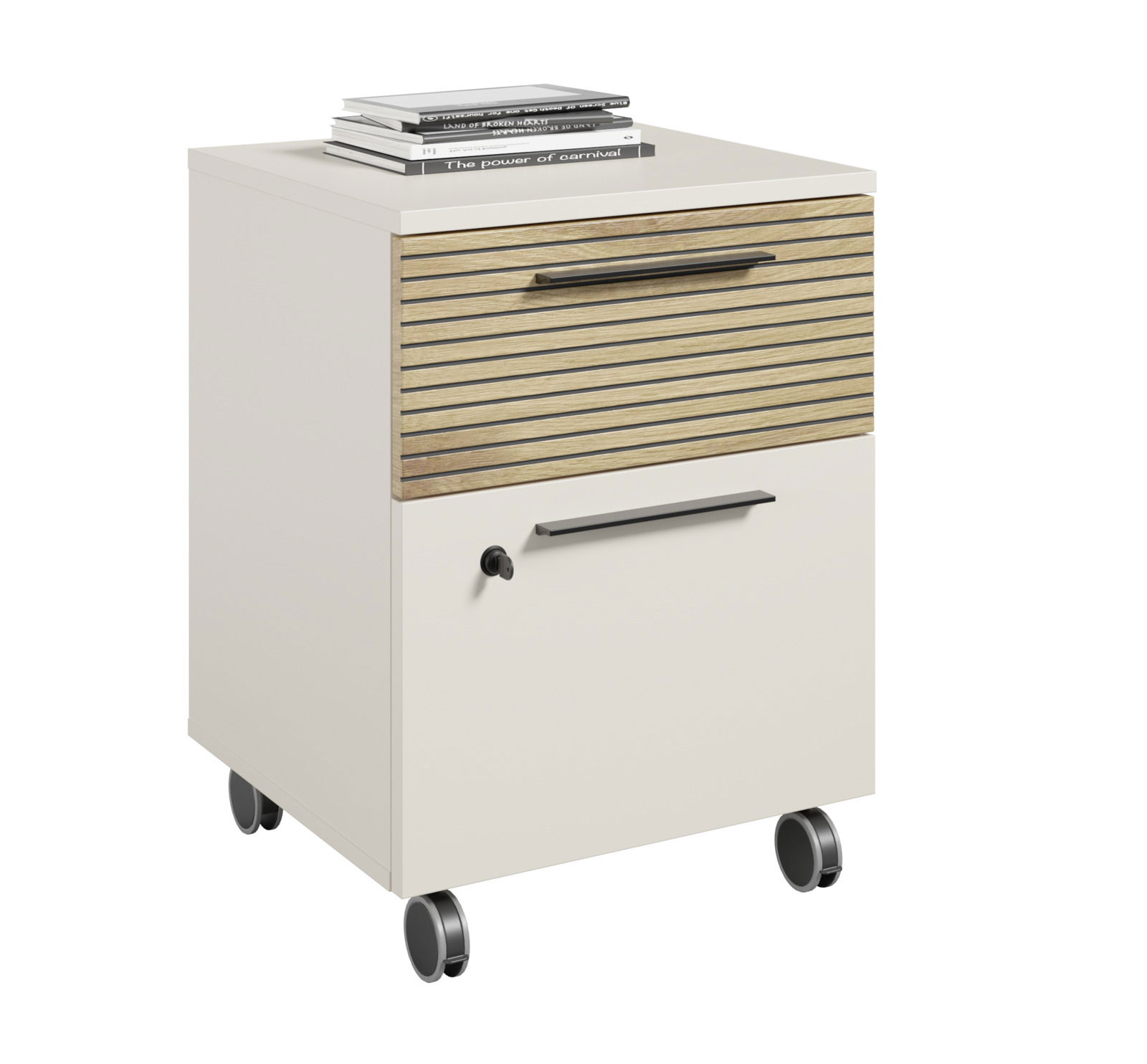 Rollcontainer mit zwei Schubladen, obere Schublade mit Holzlamellen-Optik, auf vier Rollen, seitliche Perspektive