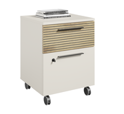 Rollcontainer mit zwei Schubladen, obere Schublade mit Holzlamellen-Optik, auf vier Rollen, seitliche Perspektive