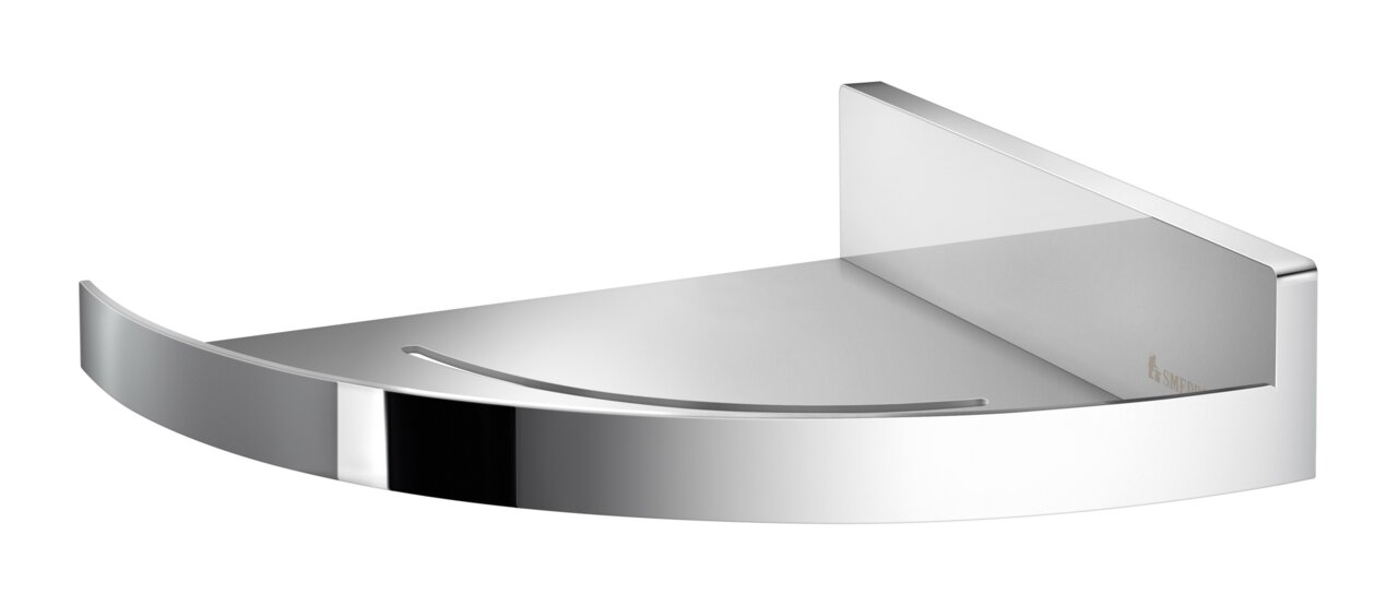 Verchromte Eckduschablage von Smedbo, Modell SIDELINE, aus der Perspektive von vorne links.