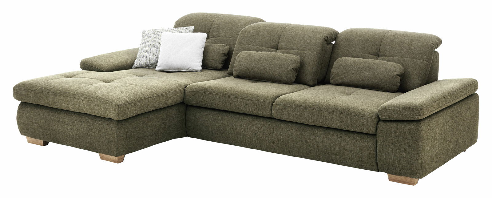 Grüne Longchairkombination mit drei Sitzplätzen und zwei Armlehnen, aus der linken Perspektive fotografiert. Inklusive drei Kissen in verschiedenen Farben.