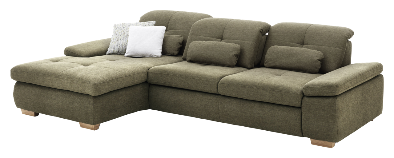 Grüne Longchairkombination mit drei Sitzplätzen und zwei Armlehnen, aus der linken Perspektive fotografiert. Inklusive drei Kissen in verschiedenen Farben.