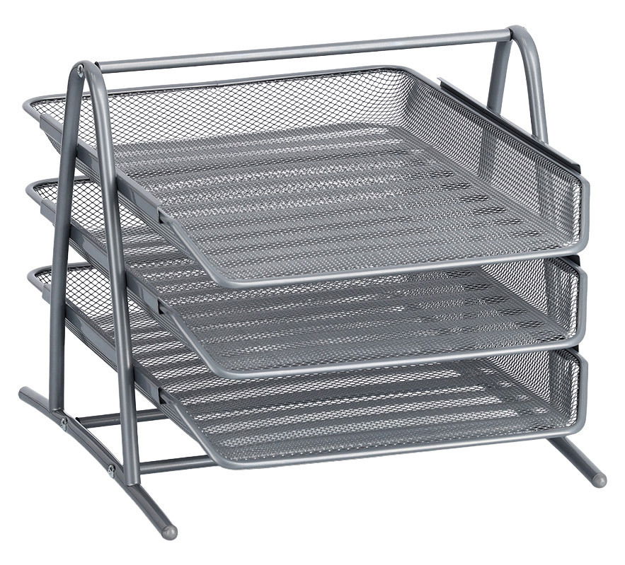 Dreistöckige silberne Dokumentenablage aus Metallgitter, seitliche Perspektive