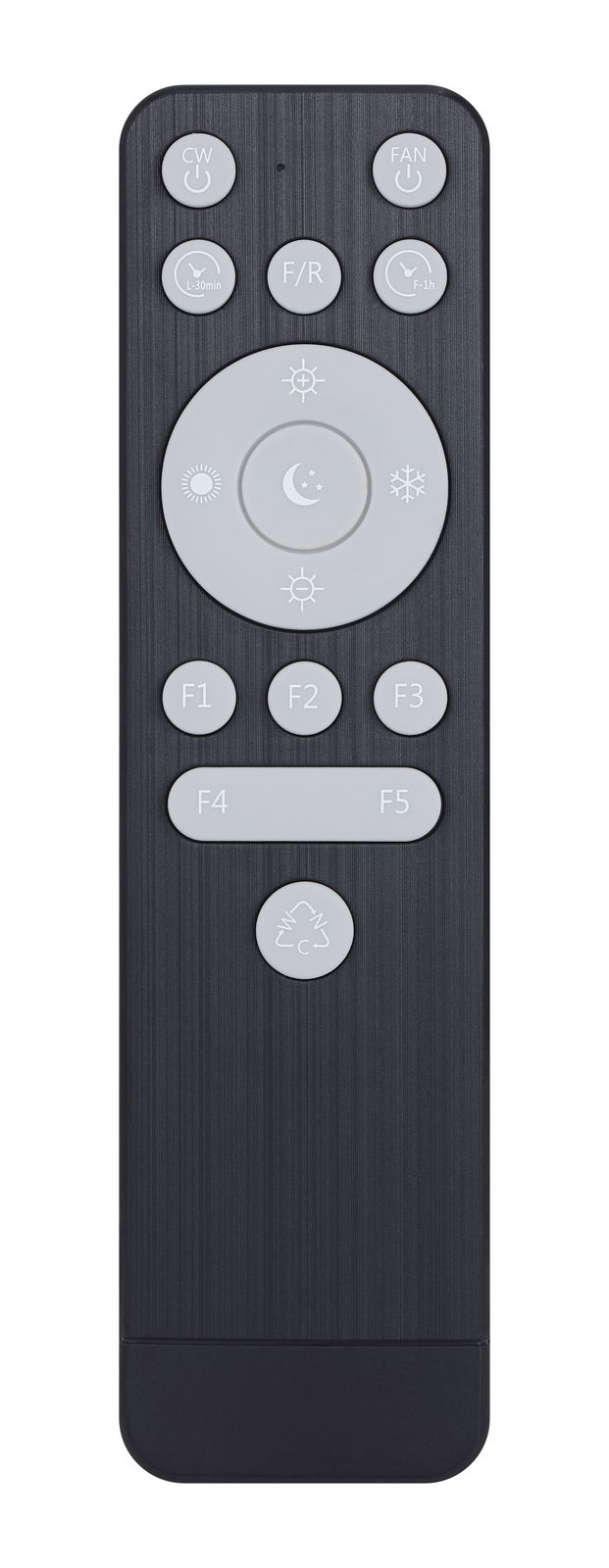 Fernbedienung für Deckenventilator, Vorderansicht mit verschiedenen Tasten für Licht- und Lüftersteuerung.