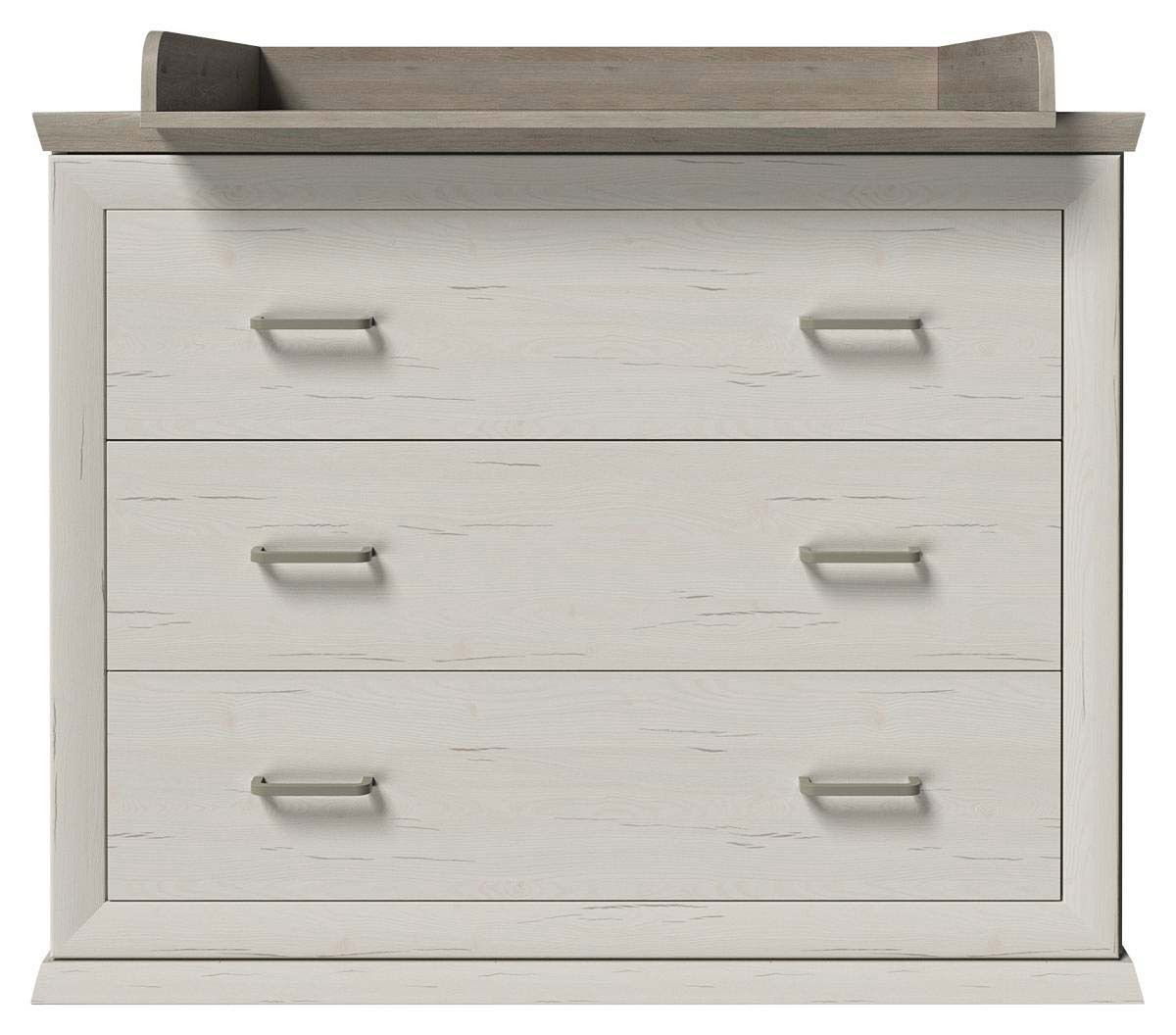 Wickelaufsatz mit Unterstellregal, frontal abgebildet, in hellem Holzdesign mit drei Schubladen und modernen Griffen.