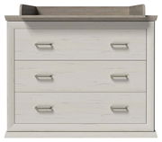 Wickelaufsatz mit Unterstellregal, frontal abgebildet, in hellem Holzdesign mit drei Schubladen und modernen Griffen.