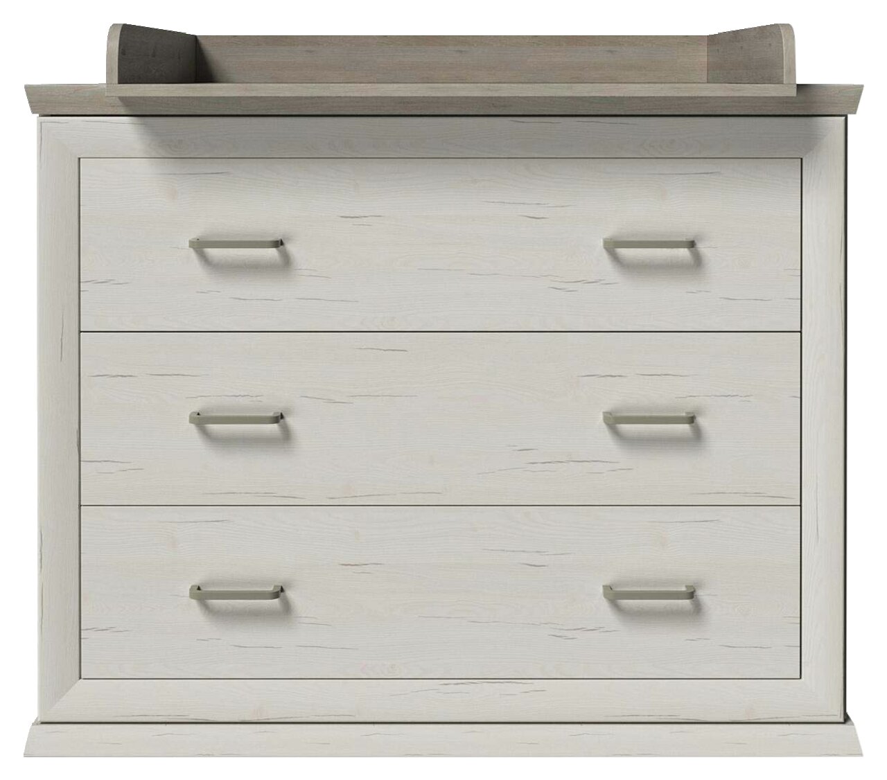 Wickelaufsatz mit Unterstellregal, frontal abgebildet, in hellem Holzdesign mit drei Schubladen und modernen Griffen.