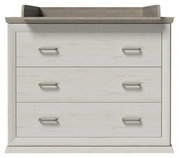 Wickelaufsatz mit Unterstellregal, frontal abgebildet, in hellem Holzdesign mit drei Schubladen und modernen Griffen.