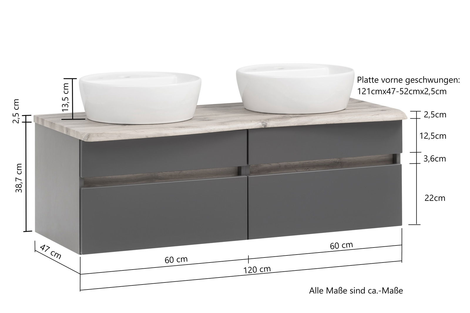 Waschtisch-Set mit zwei runden, weißen Waschbecken auf einer geschwungenen Holzplatte, graue Schubladenfronten, seitliche Perspektive