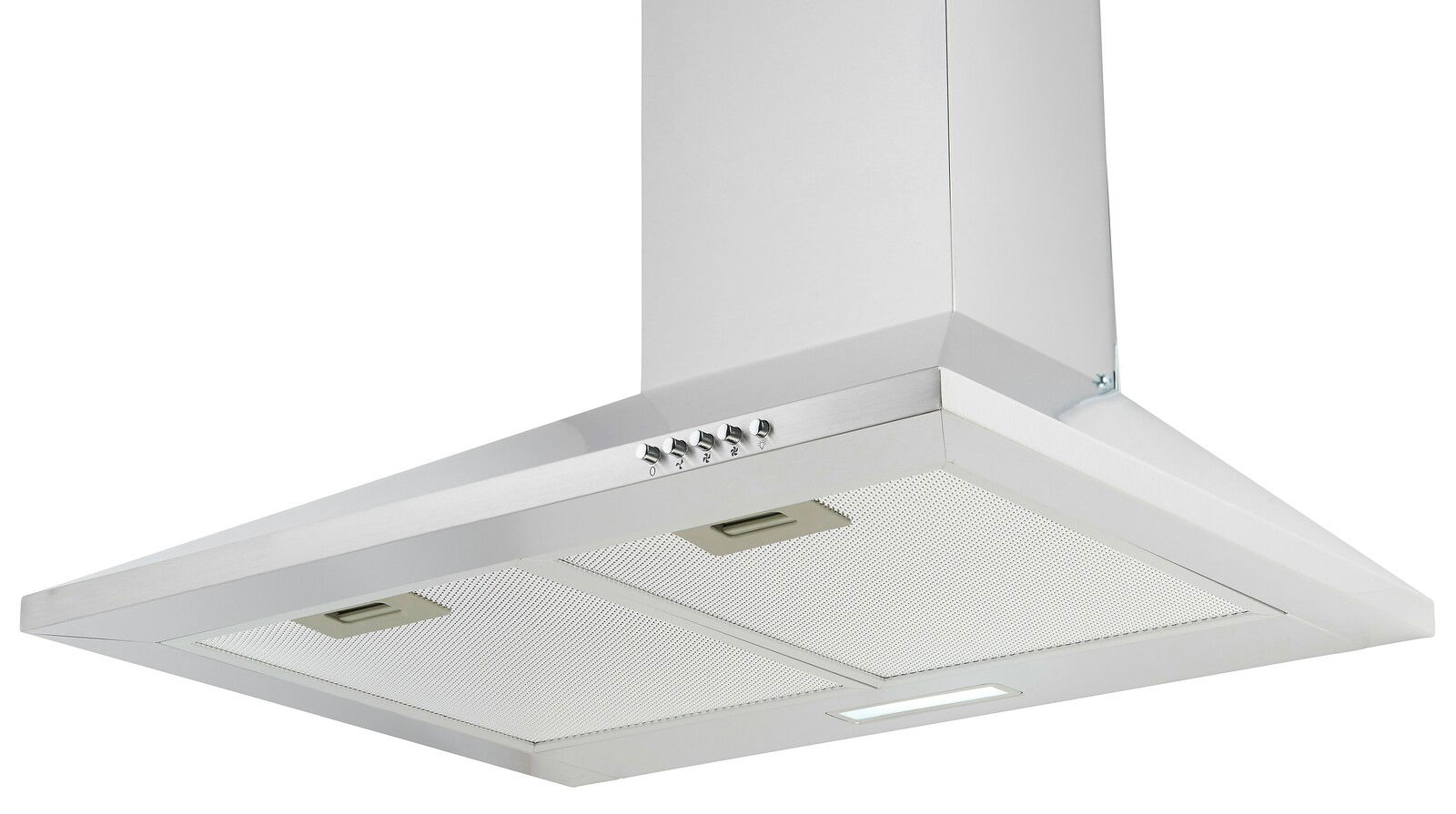 Moderne Edelstahl-Dunstabzugshaube, Ansicht von unten mit sichtbaren Bedienelementen und Filtern.
