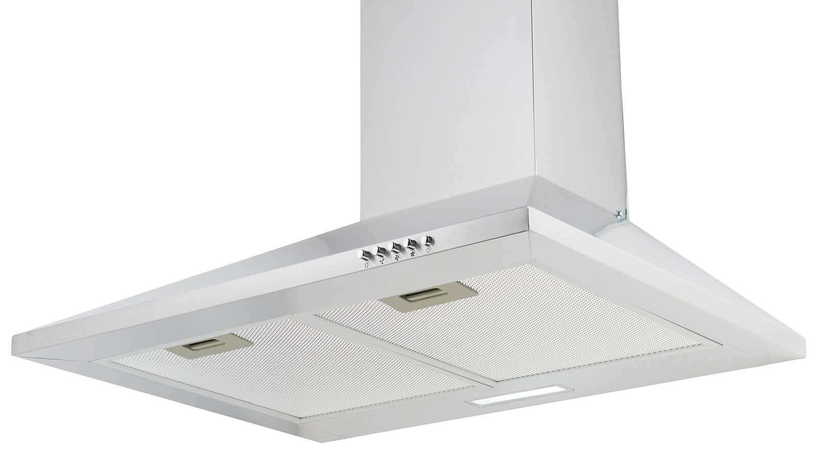 Moderne Edelstahl-Dunstabzugshaube, Ansicht von unten mit sichtbaren Bedienelementen und Filtern.