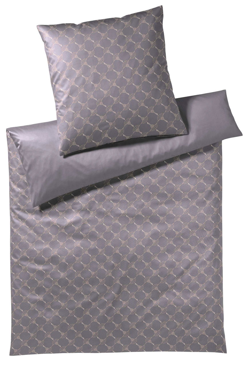 Bettwäsche-Set in Grau mit geometrischem Muster, bestehend aus einem Kopfkissenbezug und einem Bettdeckenbezug, aus der Vogelperspektive fotografiert.