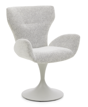 Moderner Armlehnstuhl mit grauem Stoffbezug und elegantem, weißem Tulpenfuß, seitliche Perspektive