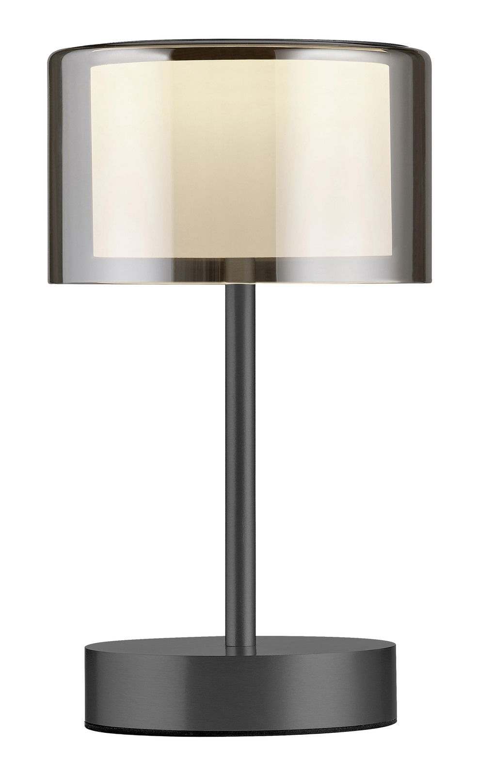 Moderne Akku-Tischleuchte mit zylindrischem Schirm, seitliche Perspektive