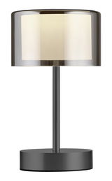 Moderne Akku-Tischleuchte mit zylindrischem Schirm, seitliche Perspektive