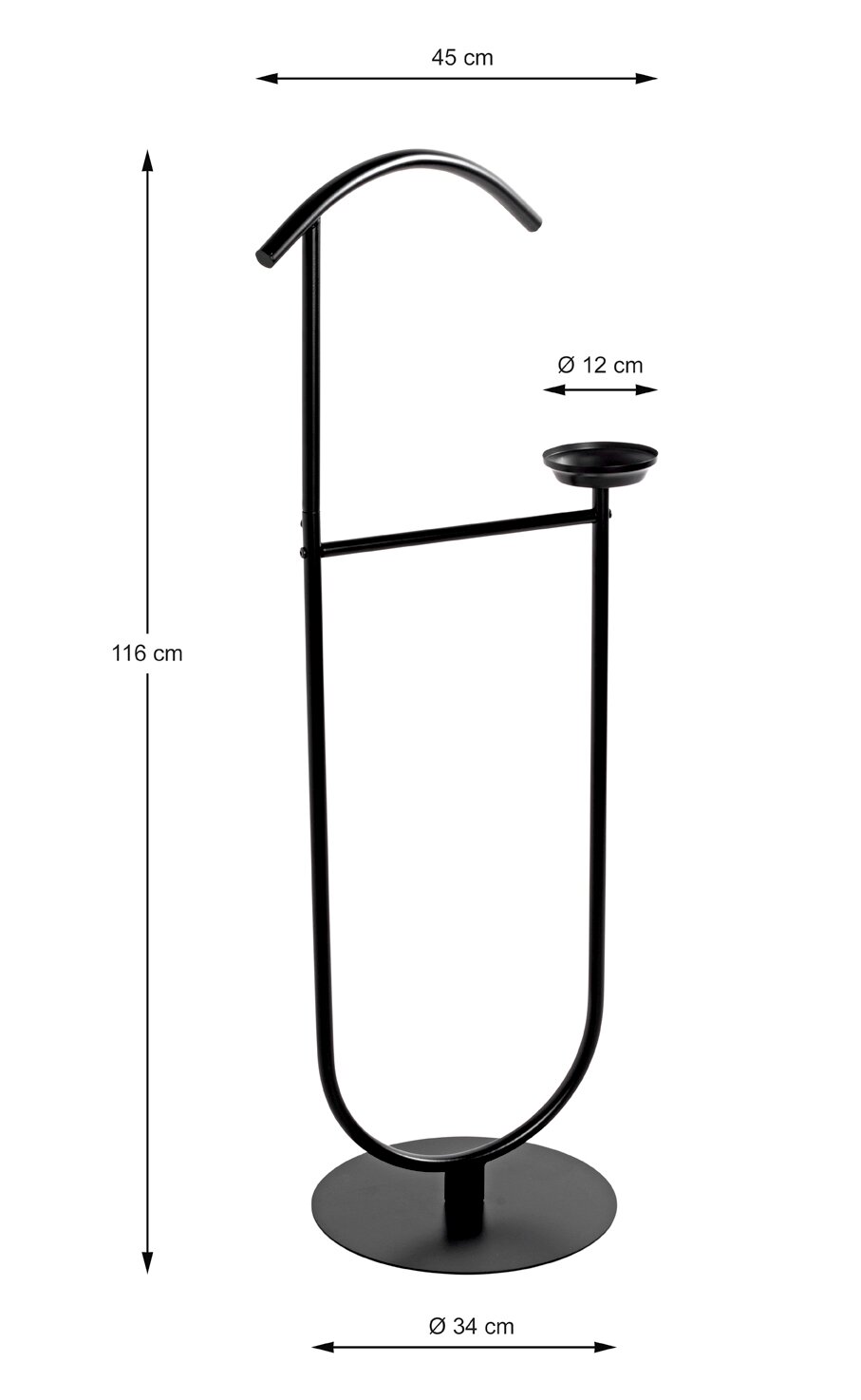 Schwarzer freistehender Garderobenständer/Kleiderständer aus Metall mit gebogenem Haken, Ablageschale (Ø 12 cm) und rundem Standfuß (Ø 34 cm), Höhe 116 cm, Breite 45 cm, in frontaler Produktansicht.