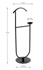 Schwarzer freistehender Garderobenständer/Kleiderständer aus Metall mit gebogenem Haken, Ablageschale (Ø 12 cm) und rundem Standfuß (Ø 34 cm), Höhe 116 cm, Breite 45 cm, in frontaler Produktansicht.