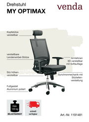 Ergonomischer Drehstuhl MY OPTIMAX mit verstellbarer Kopfstütze, Lendenwirbelstütze und 3D-Armlehnen, seitliche Perspektive