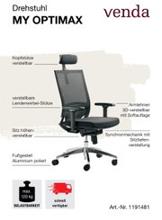 Ergonomischer Drehstuhl MY OPTIMAX mit verstellbarer Kopfstütze, Lendenwirbelstütze und 3D-Armlehnen, seitliche Perspektive