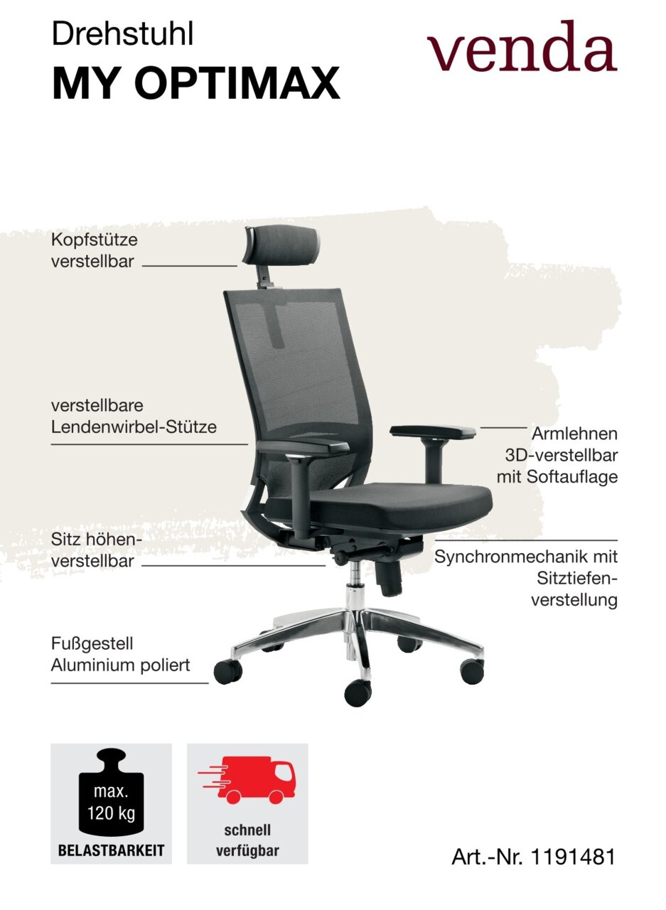 Ergonomischer Drehstuhl MY OPTIMAX mit verstellbarer Kopfstütze, Lendenwirbelstütze und 3D-Armlehnen, seitliche Perspektive