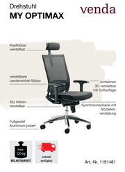 Ergonomischer Drehstuhl MY OPTIMAX mit verstellbarer Kopfstütze, Lendenwirbelstütze und 3D-Armlehnen, seitliche Perspektive