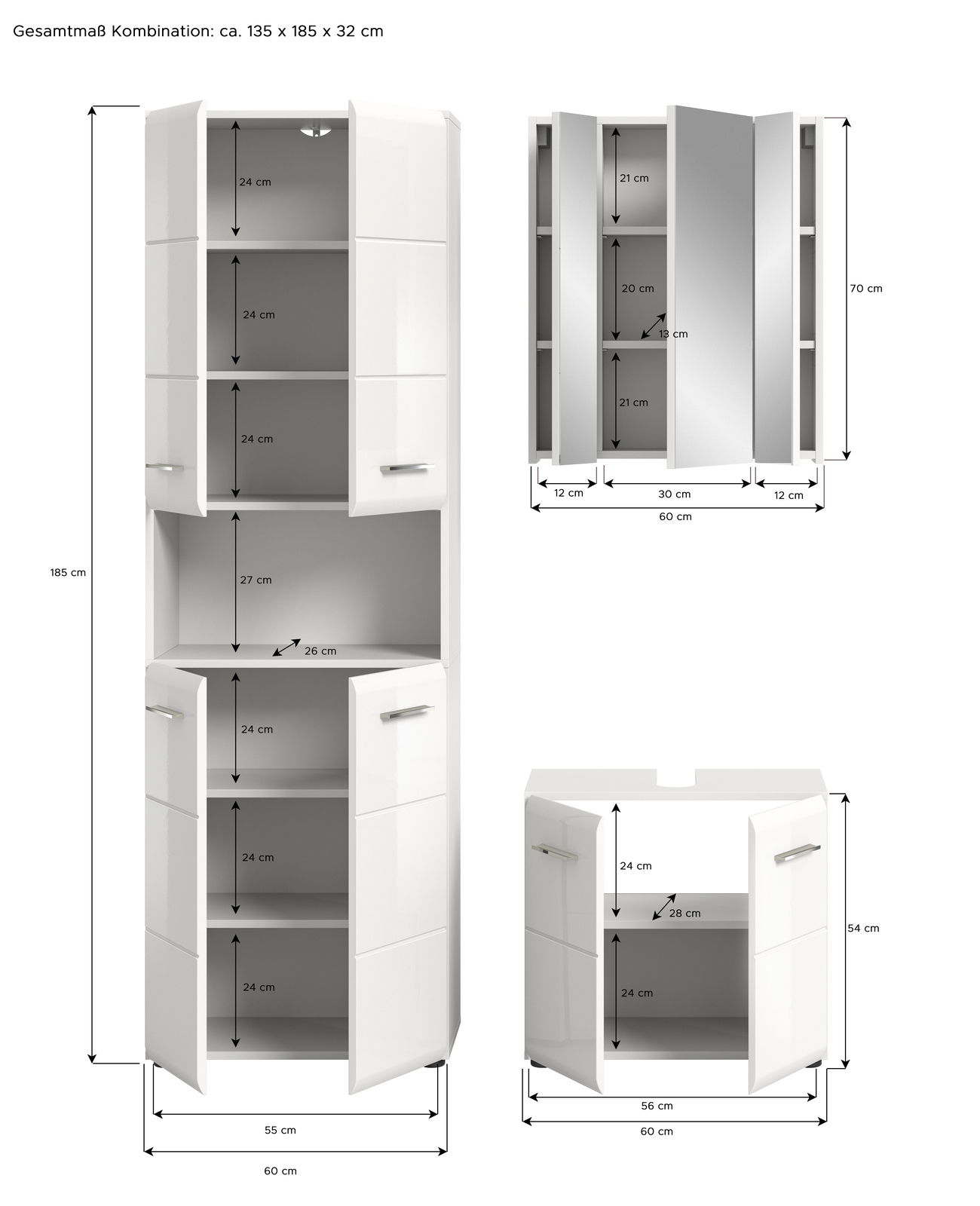 Badkombination mit mehreren Schränken, weiß, mit Spiegel und Stauraum, Frontansicht