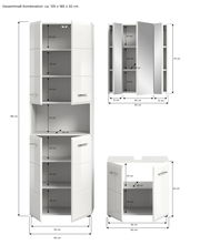 Badkombination mit mehreren Schränken, weiß, mit Spiegel und Stauraum, Frontansicht