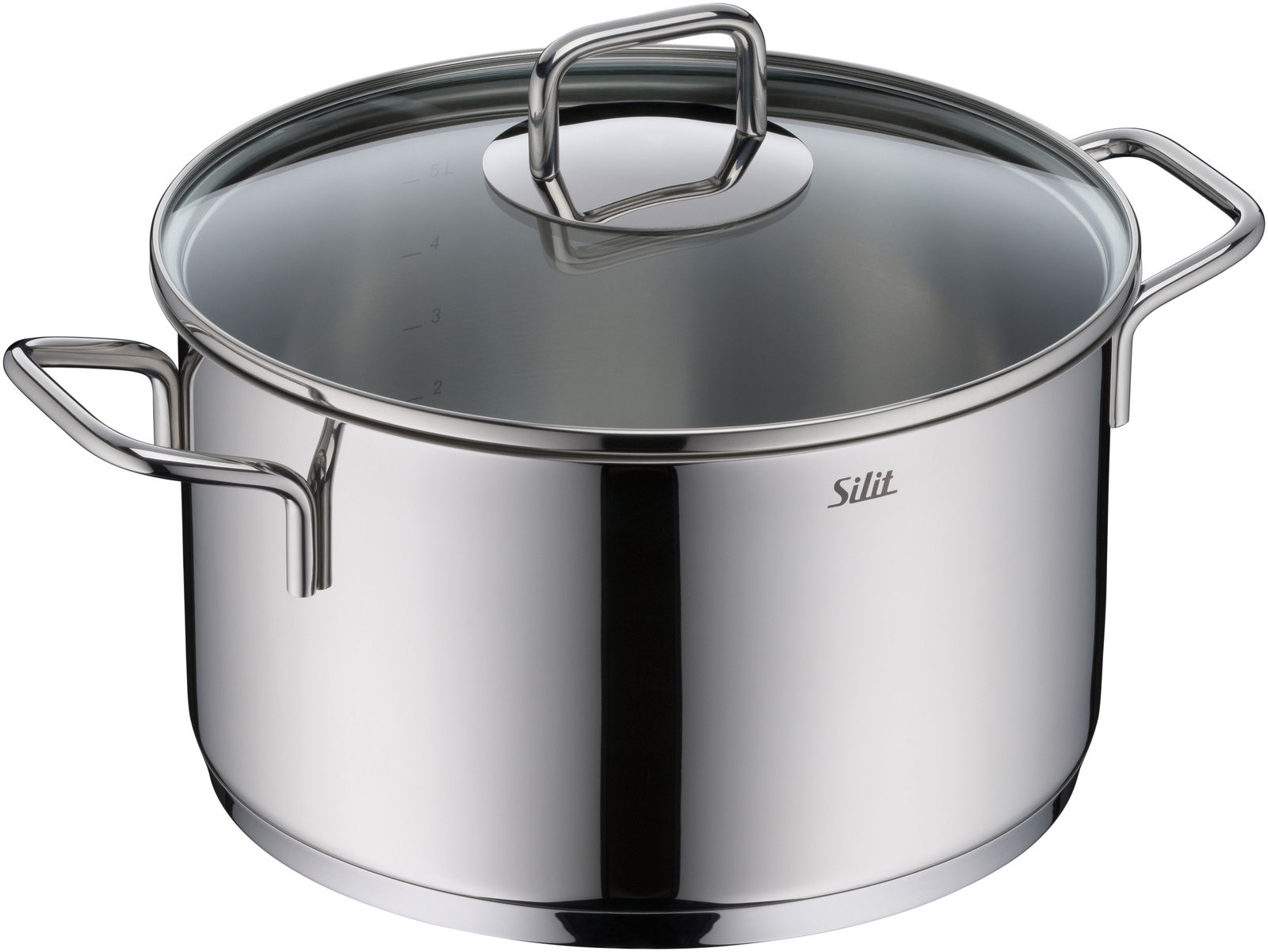 Edelstahl-Kochtopf mit Glasdeckel und zwei Griffen, seitliche Perspektive