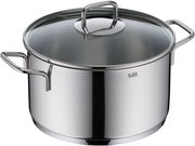 Edelstahl-Kochtopf mit Glasdeckel und zwei Griffen, seitliche Perspektive