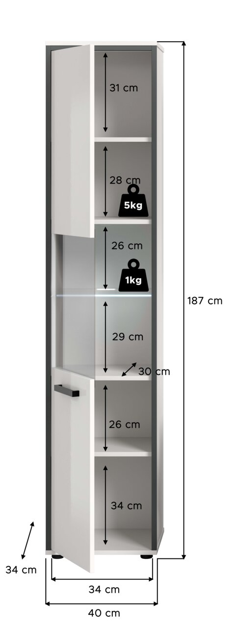 Schmaler, hoher Bad-Hochschrank in Weiß mit teils verglaster Tür und schwarzem Griff, geöffnet und mit Maßangaben (Höhe 187 cm, Breite 40 cm, Tiefe 34 cm) sowie Fachhöhen und Belastungsangaben; Perspektive: frontale Ansicht leicht schräg von links.