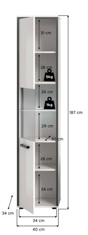 Schmaler, hoher Bad-Hochschrank in Weiß mit teils verglaster Tür und schwarzem Griff, geöffnet und mit Maßangaben (Höhe 187 cm, Breite 40 cm, Tiefe 34 cm) sowie Fachhöhen und Belastungsangaben; Perspektive: frontale Ansicht leicht schräg von links.