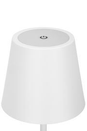 Weiße Akku-Tischleuchte mit modernem Design, Ansicht von oben mit sichtbarem Ein-/Ausschalter.