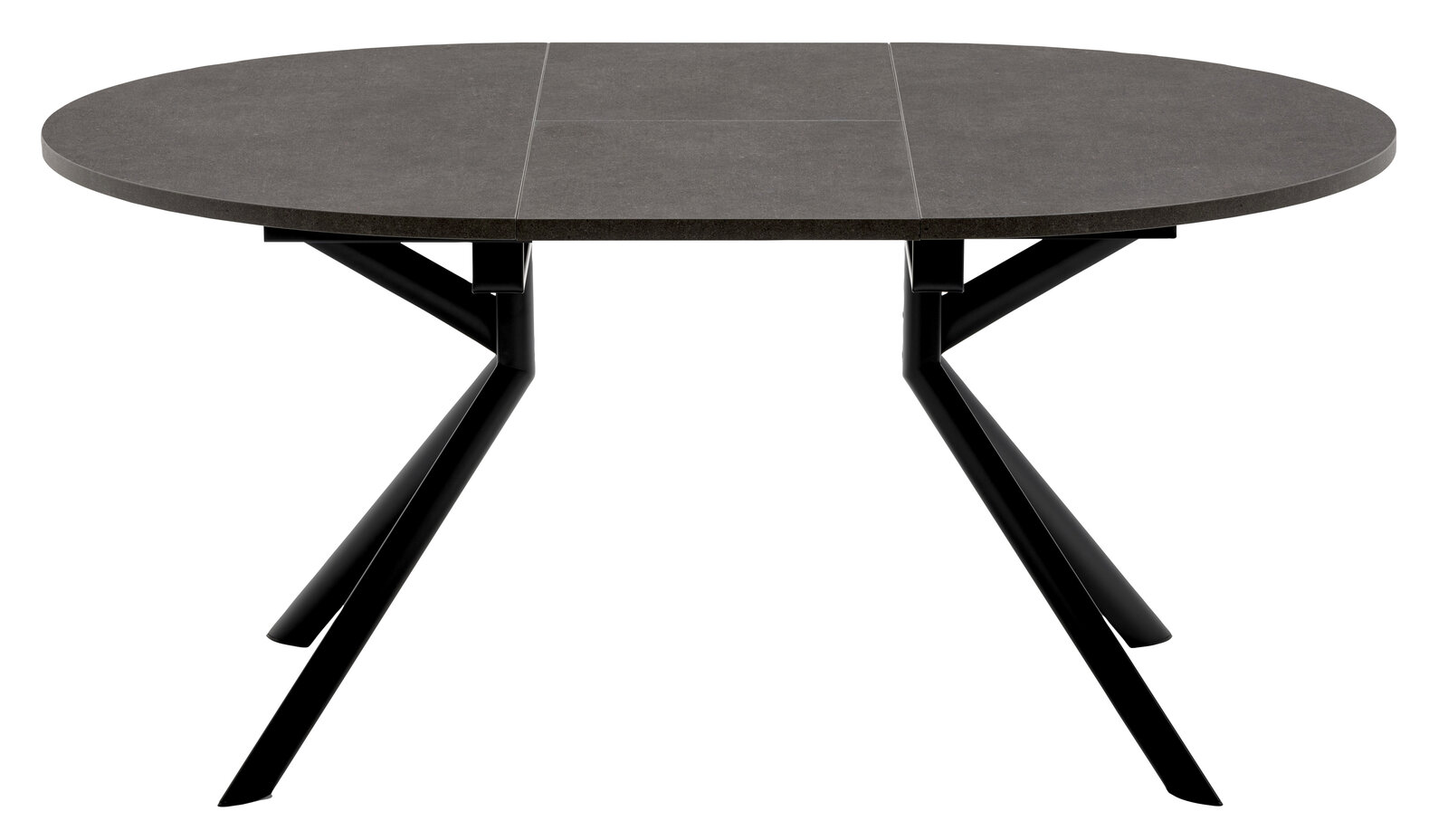 Moderner Esstisch mit ovaler, dunkler Tischplatte und schwarzen Metallbeinen, Frontalansicht.