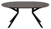 Moderner Esstisch mit ovaler, dunkler Tischplatte und schwarzen Metallbeinen, Frontalansicht.