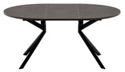 Moderner Esstisch mit ovaler, dunkler Tischplatte und schwarzen Metallbeinen, Frontalansicht.