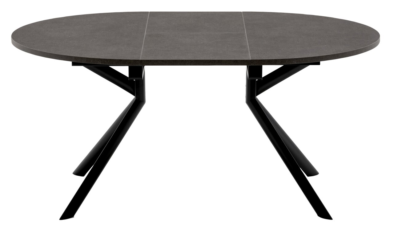 Moderne eettafel met een ovaal, donker tafelblad en zwarte metalen poten, gezien van voren.