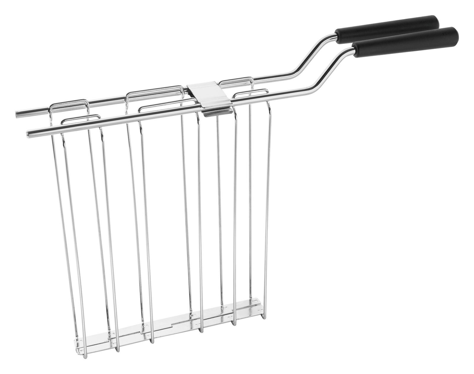 Seitliche Ansicht eines verchromten Toaster-Einsatzes mit schwarzen Griffen, passend für einen 2-er Toaster.