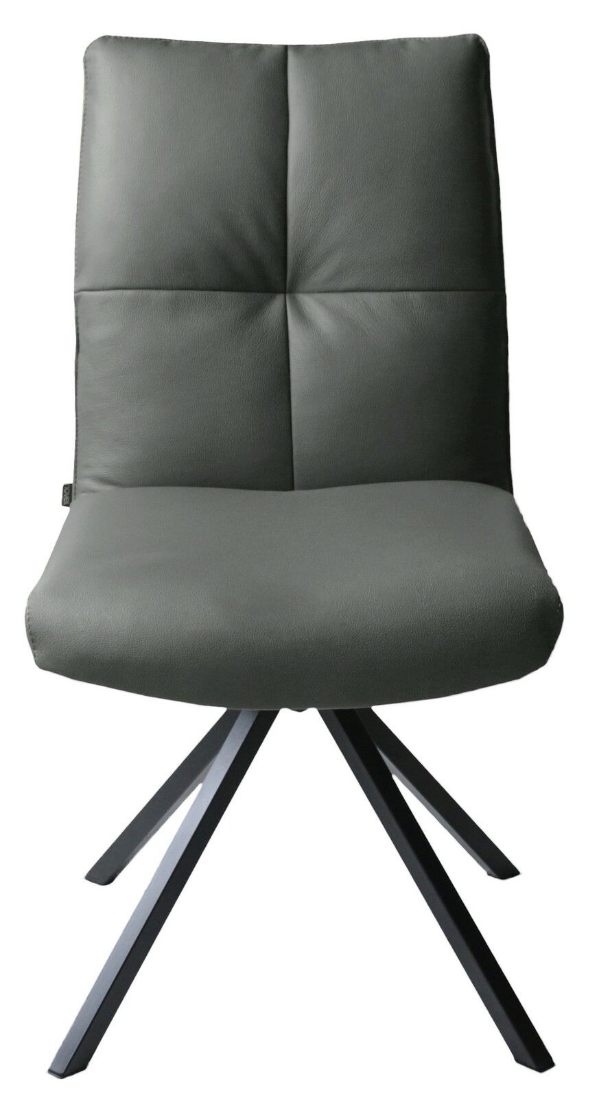 Moderner Stuhl mit gepolsterter Rückenlehne und Sitzfläche in dunklem Grau, Vorderansicht