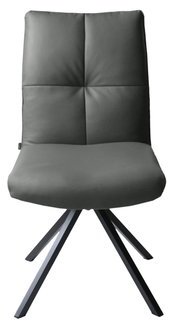 Moderner Stuhl mit gepolsterter Rückenlehne und Sitzfläche in dunklem Grau, Vorderansicht