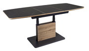 Moderner Couchtisch mit schwarzer Tischplatte und Holzdetails, seitliche Perspektive